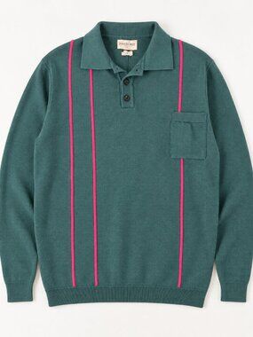 Far Afield Organic Cotton Knit Polo Sweater M Teal Pink Stripe Retro